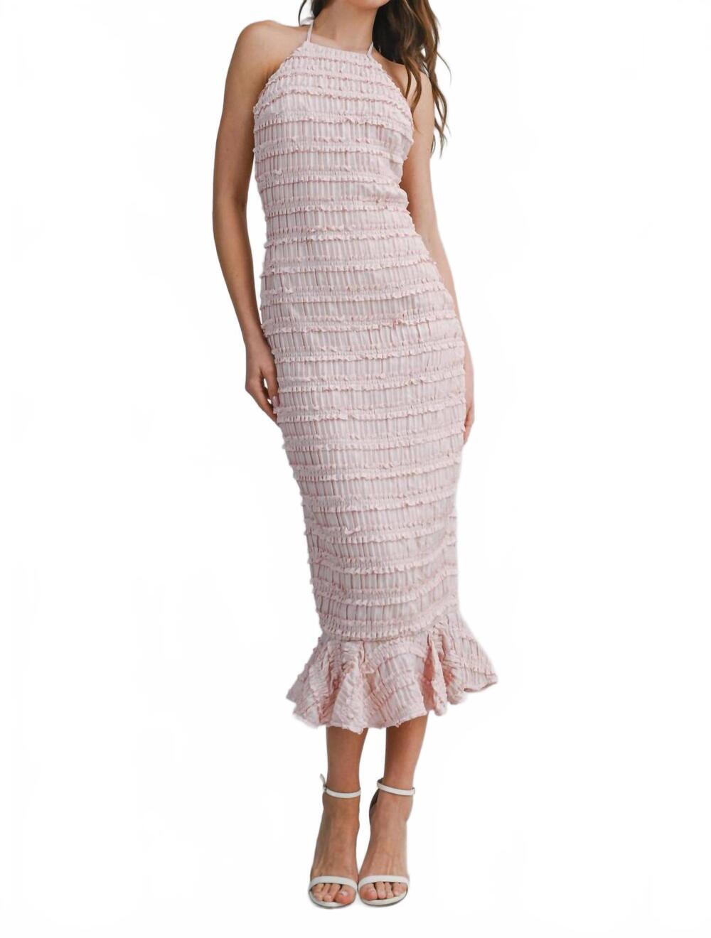 NEW MABLE smocked tiered halter open back midi dress in pink
